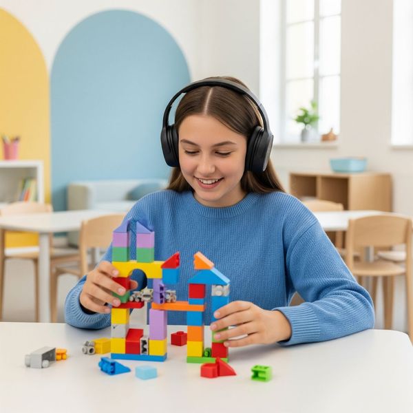 A teenager with autism joyfully engaged in building with colorful blocks in a supportive setting. A teenager with autism joyfully engaged in building with colorful blocks in a supportive setting.