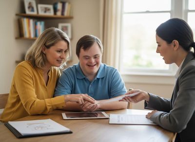 Woman and man with Down syndrome consulting an advisor