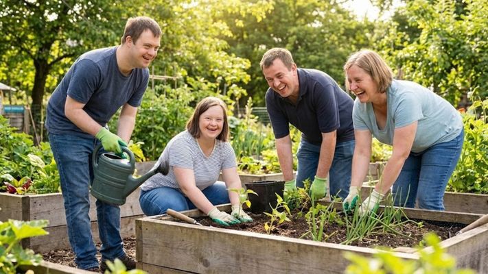 adults with intellectual disabilities smiling and gardening together