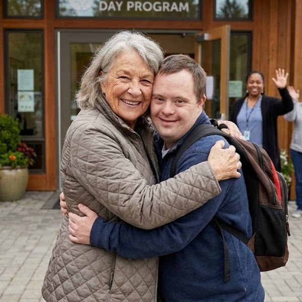 an older woman hugging an adult son
