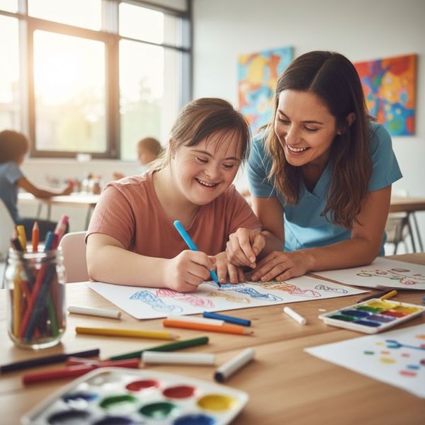 A young woman with a disability smiling broadly while engaging in a colorful drawing activity with a professional caregiver.