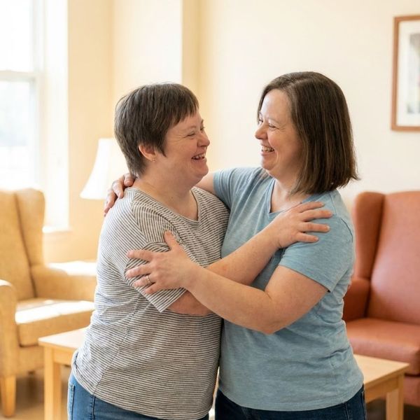 Two adult women with Down syndrome share a warm hug and laugh together in the lounge area of a day program.