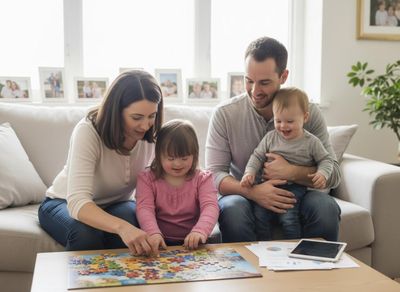 Family with child with Down syndrome playing a puzzle