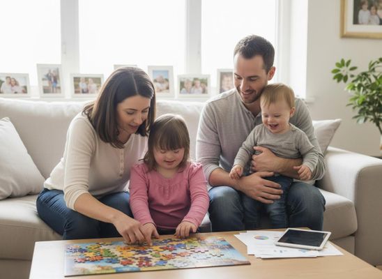 Family with child with Down syndrome playing a puzzle
