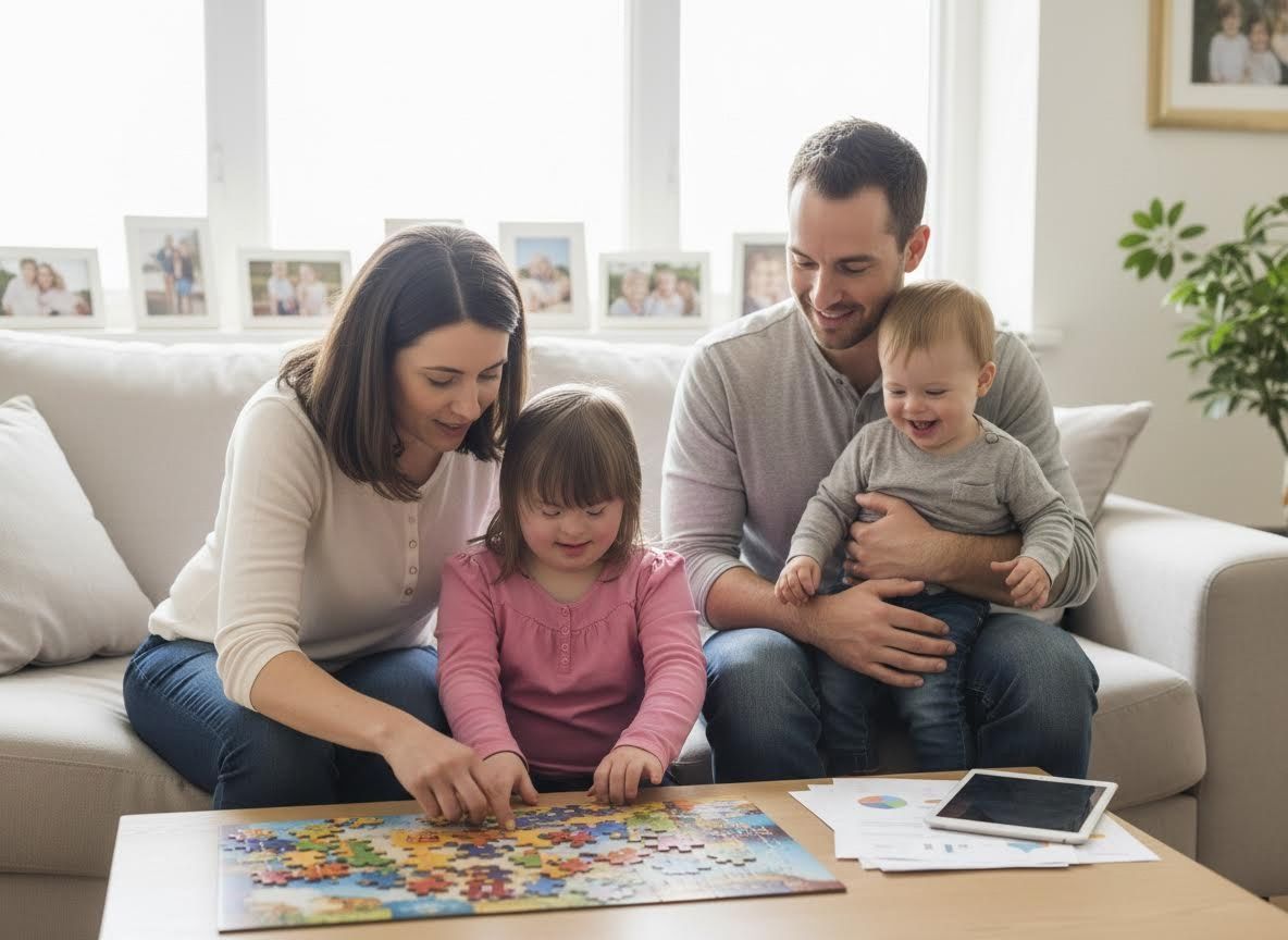 Family with child with Down syndrome playing a puzzle