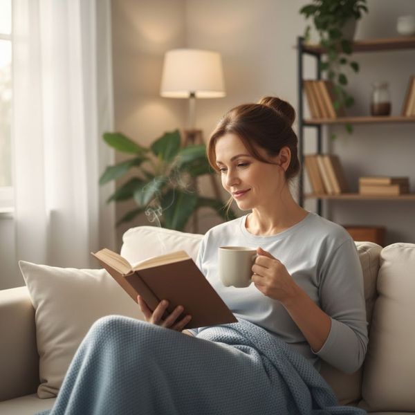 A relaxed woman enjoying a quiet moment with a book and coffee, representing the peace of mind provided to family caregivers.