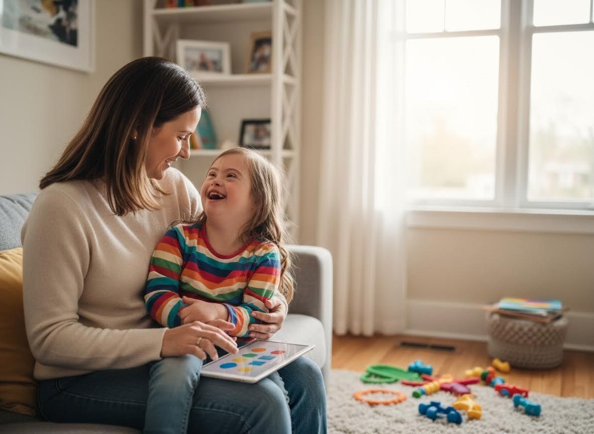 Mother and child with Down syndrome playing on a tablet