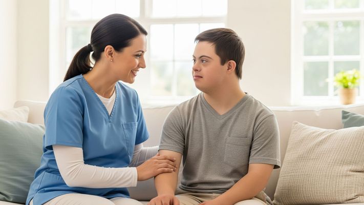 A caregiver and a young adult with Down syndrome sharing a quiet, happy moment in a sunlit room.