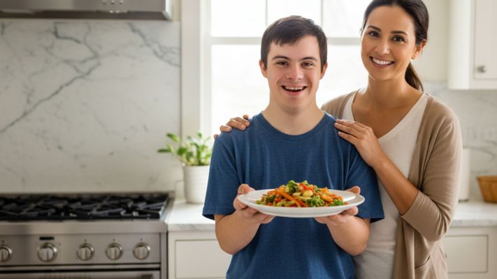 Young adult proudly displaying a meal they cooked