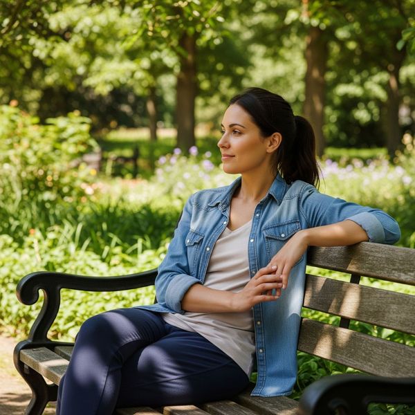 A woman sitting peacefully on a park bench A woman sitting peacefully on a park bench