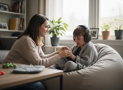 A kind woman holds the hands of a young boy wearing noise-canceling headphones and a blanket, who appears upset, offering comfort. Woman Comforting Child with Noise-Canceling Headphones