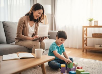 Happy woman using tablet while child plays with blocks