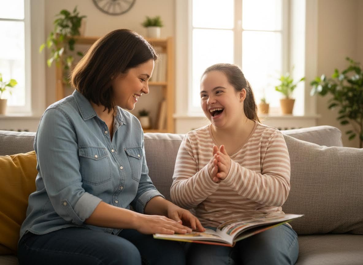 Woman and girl with Down syndrome reading a book and laughing together