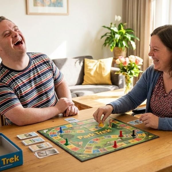 two adults with disabilities laughing and playing a board game at a table