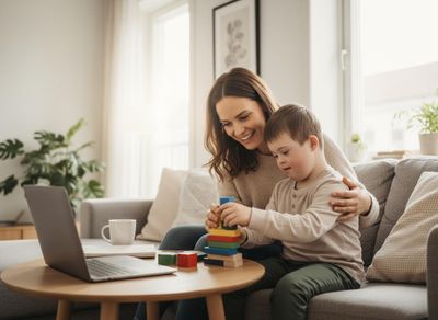 A smiling mother and her son with Down syndrome happily play with colorful wooden blocks on a couch in their living room. A laptop is nearby. Mother and Son Playing with Building Blocks in Living Room