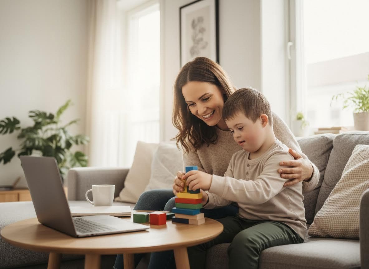 Mother and Son Playing with Building Blocks in Living Room