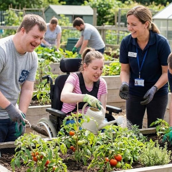 Developmentally disabled adults participating in a gardening activity