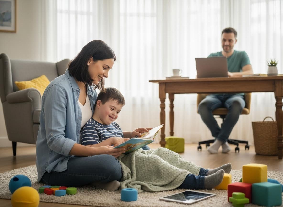 Mother and son with Down syndrome reading a book while father works from home