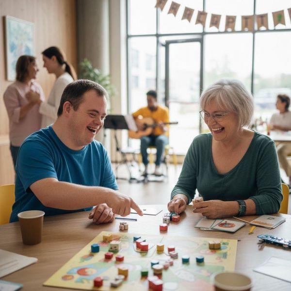 Two participants smiling while working on a colorful educational board game at a clean wooden table.