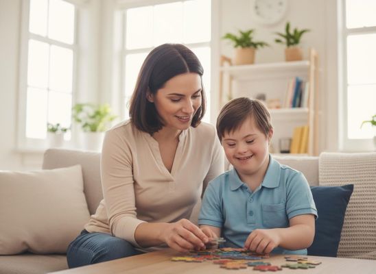 Mother and son with Down syndrome doing a puzzle