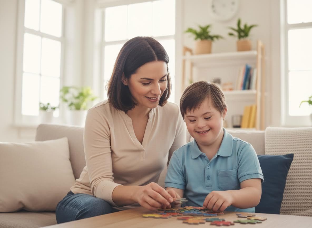 Mother and son with Down syndrome doing a puzzle