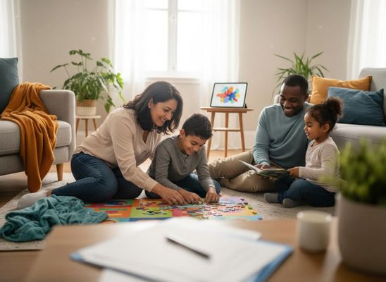 Happy family enjoying activities together in living room