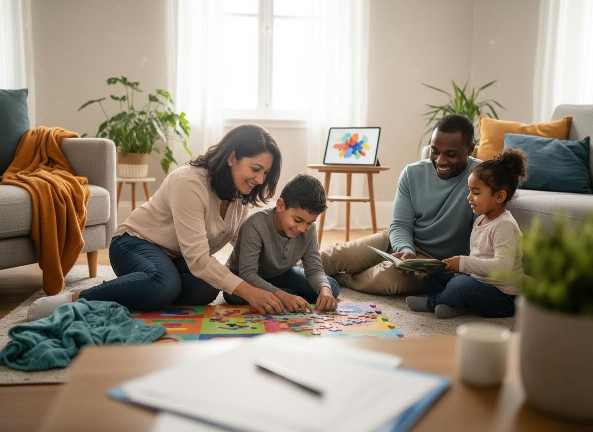 Happy family enjoying activities together in living room