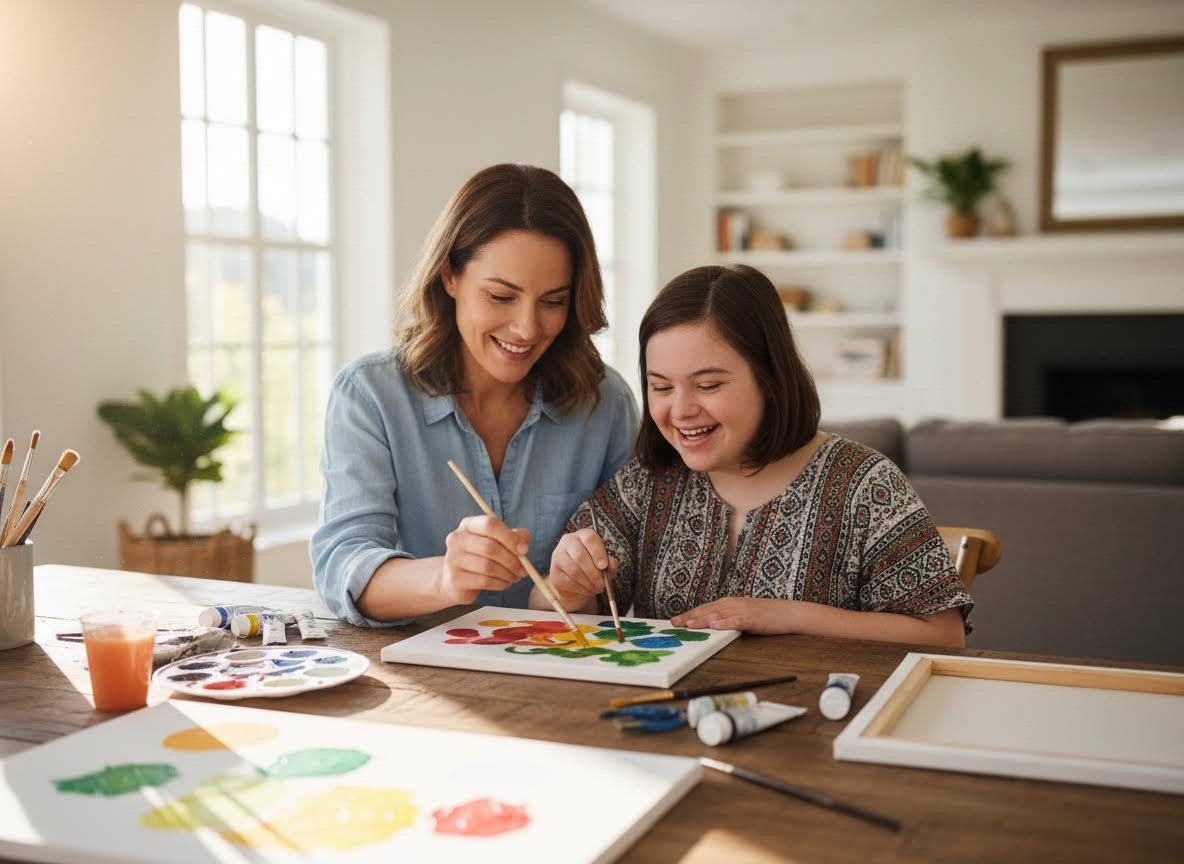 Woman and Girl with Down Syndrome Painting Together