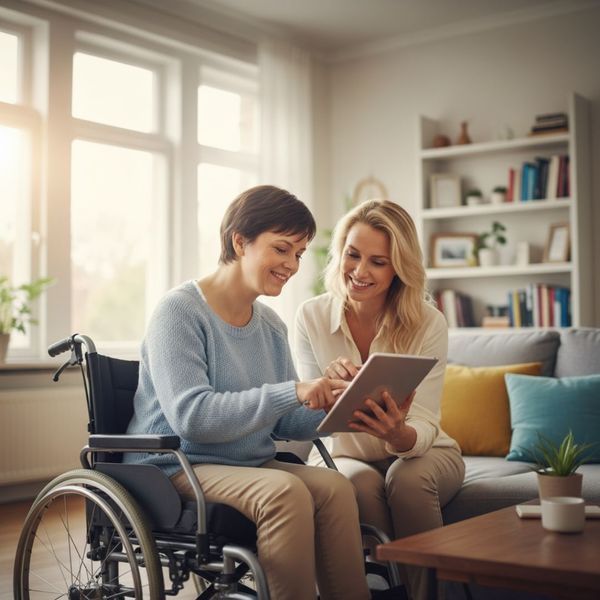 woman assisting woman in wheelchair with using a tablet
