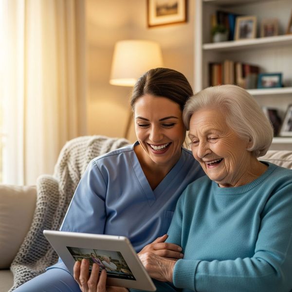 Caregiver looking at photos with woman