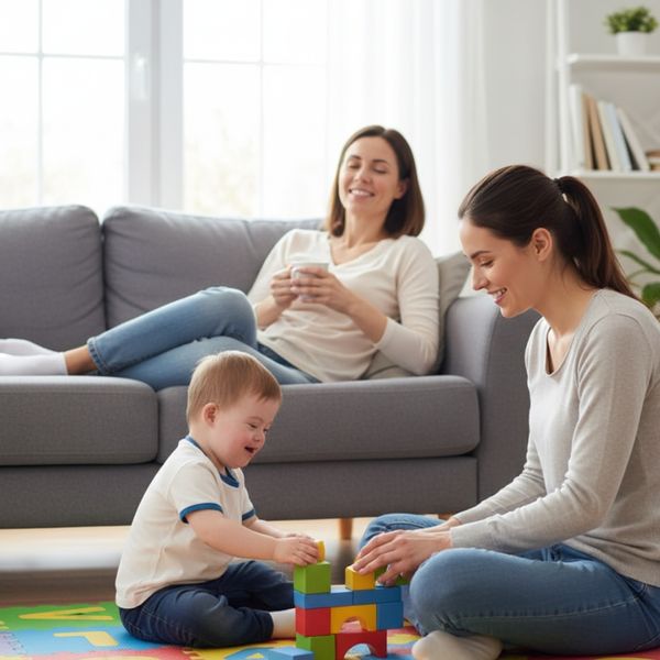 Woman relaxing on a sofa while a caregiver plays with a child Woman relaxing on a sofa while a caregiver plays with a child