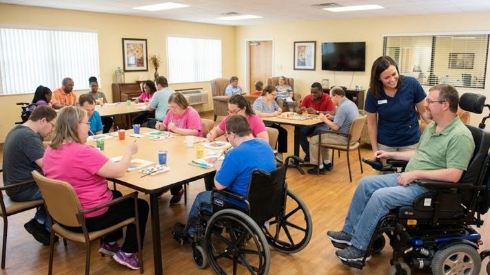 A bustling adult day health care center common room featuring a diverse group of adults, including individuals with Down syndrome and those using wheelchairs, engaged in art and social activities with staff.