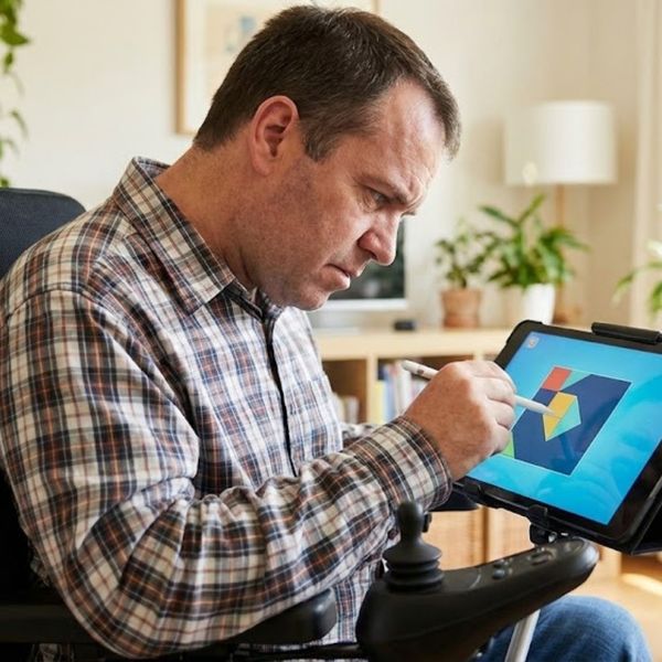 an adult male with a disability focused on solving a puzzle on a tablet