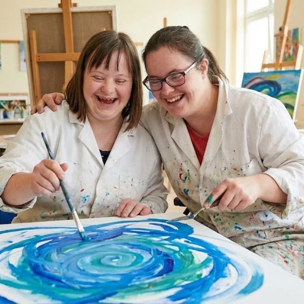 two women with developmental disabilities smiling while collaborating on a painting project