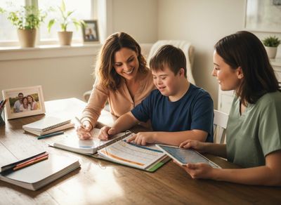 Family and support person reviewing a schedule with a boy with Down syndrome