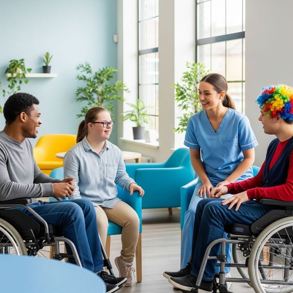 Individuals with special needs and a staff member interacting happily in a common area. Individuals with special needs and a staff member interacting happily in a common area.
