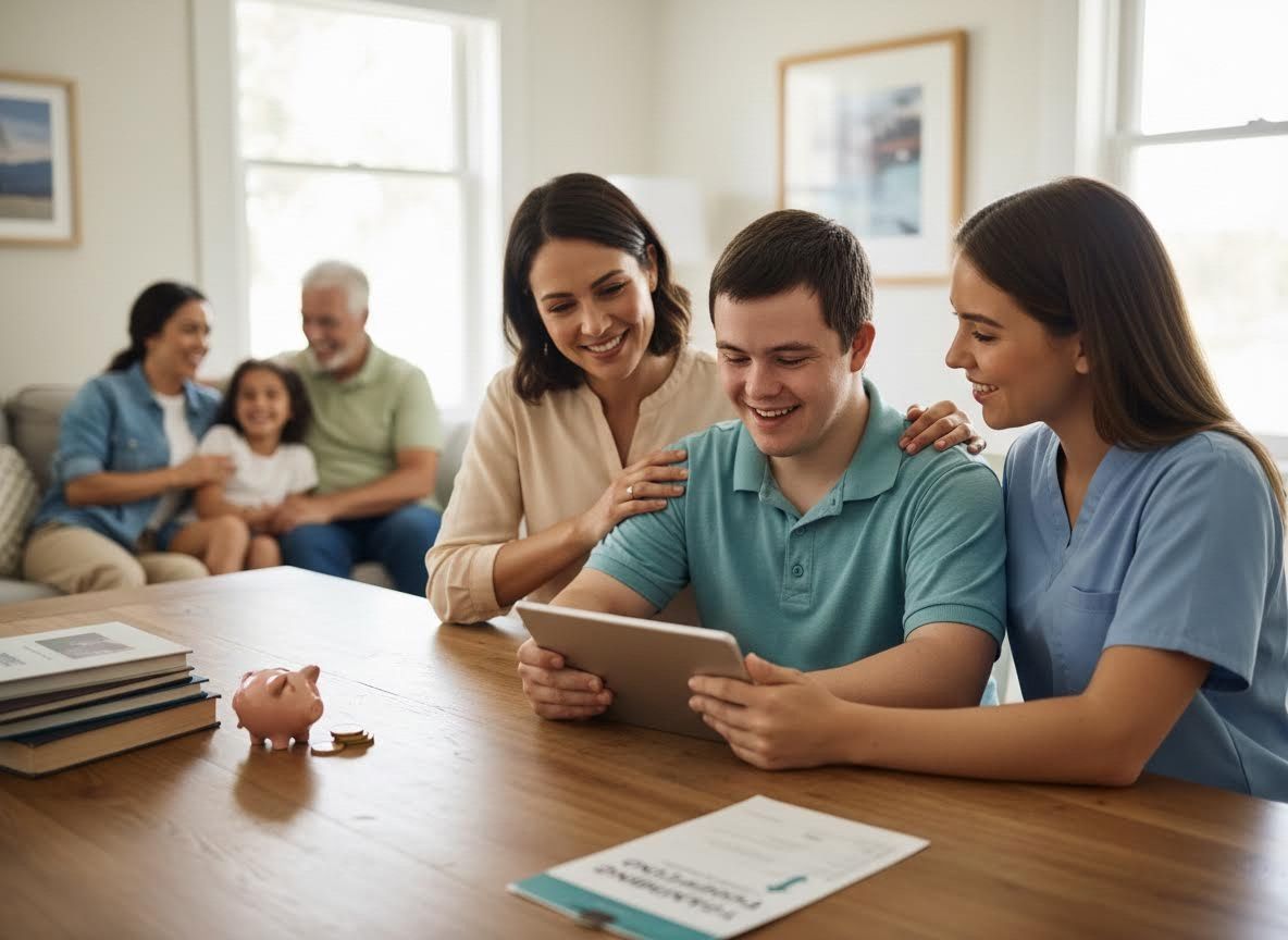 Family looking at a tablet together with a caregiver
