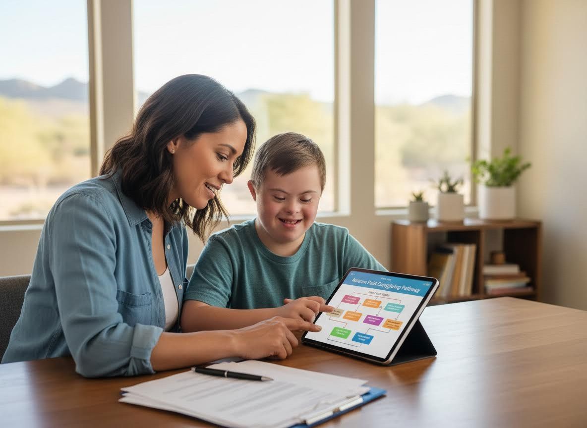 Woman and boy with Down syndrome reviewing a caregiving pathway on a tablet
