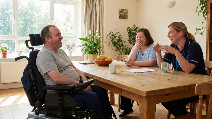 two adults with disabilities and a staff member laughing together