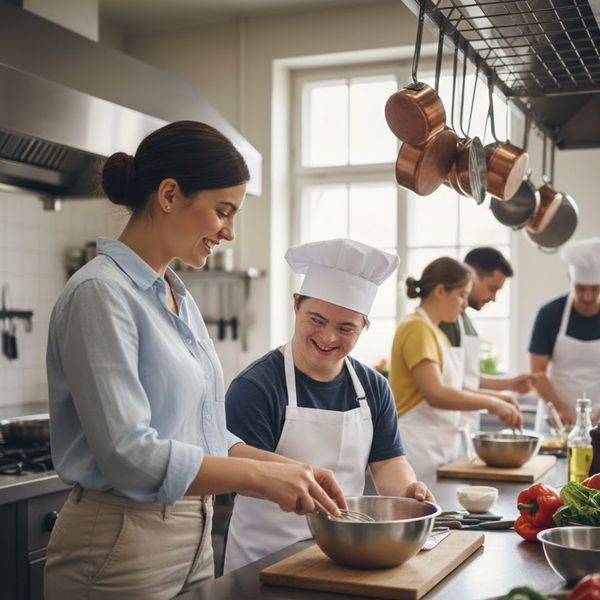 A professional staff member guiding a young adult in a cooking class within a bright, professional kitchen setting.