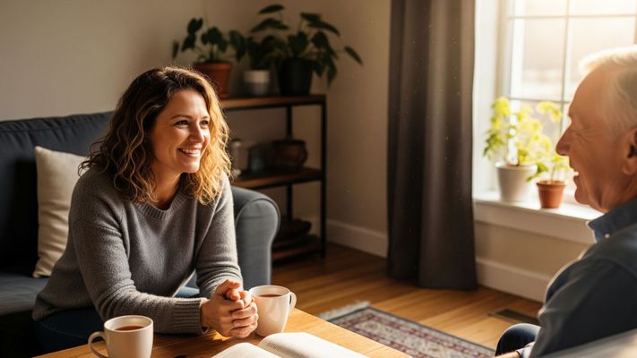 Caregiver and senior man talking