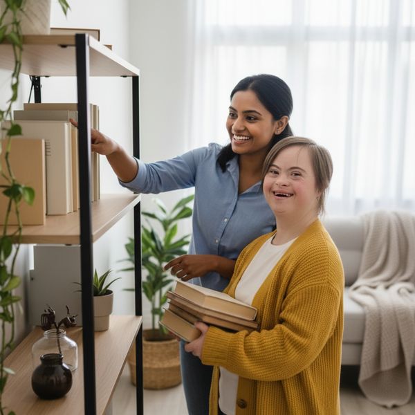 Caregiver and individual cheerfully tidying a living space together Caregiver and individual cheerfully tidying a living space together