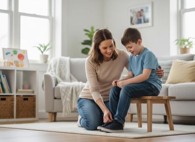 Mother teaching son to tie shoelaces