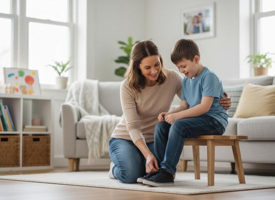 Mother teaching son to tie shoelaces