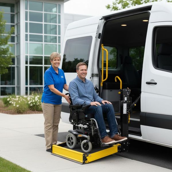 A friendly staff member assisting a man in a wheelchair as he exits a modern, accessible transportation van with a hydraulic lift.