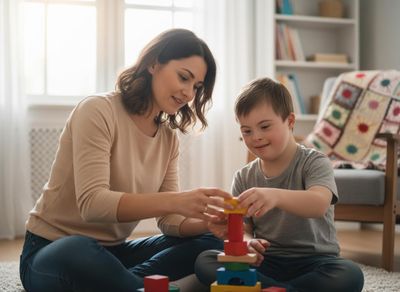 A smiling woman and a boy with Down syndrome are on the floor, cooperatively building a tower with colorful wooden blocks in a bright room. Smiling woman and boy with Down syndrome building with blocks