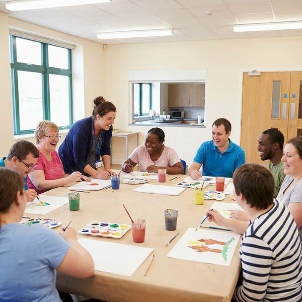  A group of adults participating in an art activity at a community center.