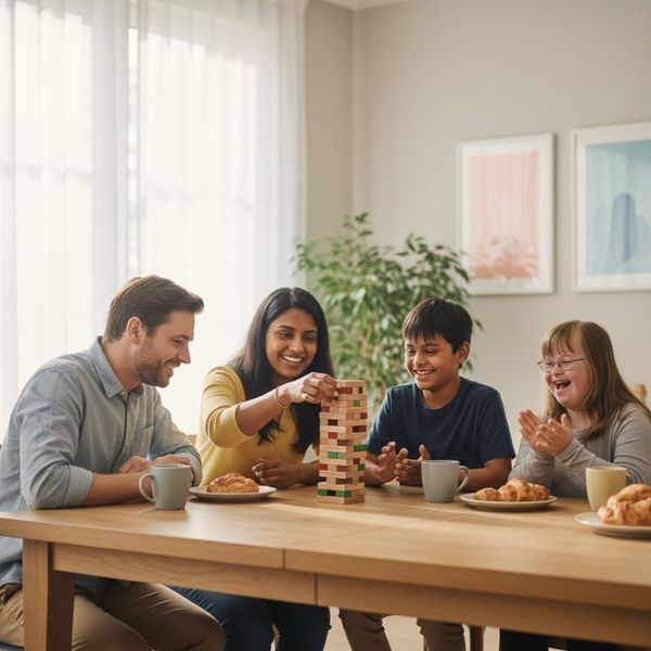 A family sitting around a table playing a stacking block game together in a bright, stress-free home environment.