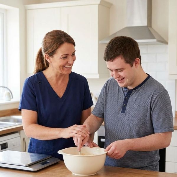 Caregiver assisting a young man with a cooking task in a home kitchen.