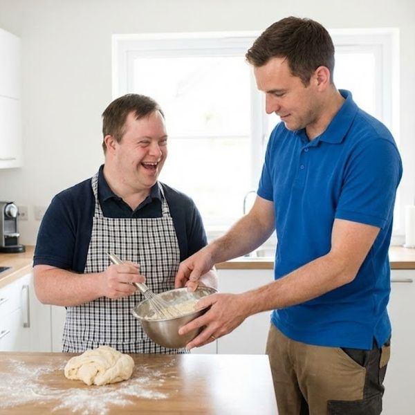 an adult man with Down syndrome learning how to cook